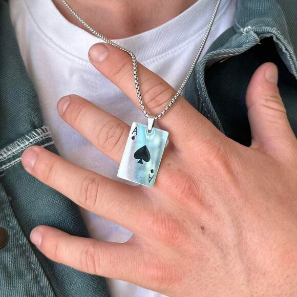 Y2K Silver Tone Ace of Spades Necklace 22" Chain Unisex Statement Punk New - Picture 3 of 8